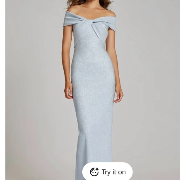 Teri Jon Off Shoulder Light Blue evening gown, mog mob - Picture 1 of 6